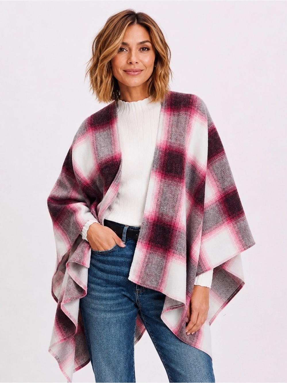 LOFT Pink Gray White Plaid Poncho Wrap Cardigan Draped Open Front Size Small NWT